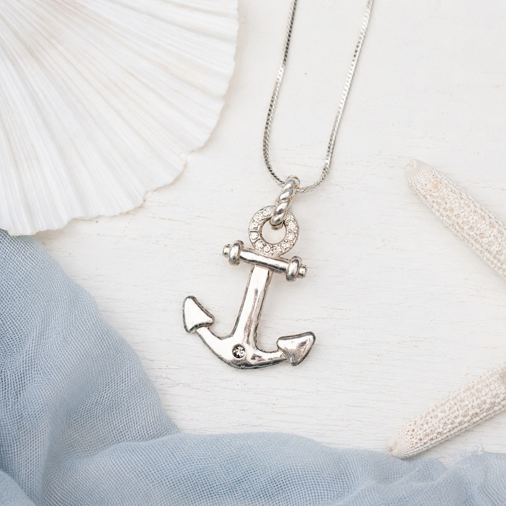 Brighton Silver Tone Crystal Anchor Pendant Necklace Nautical Maritime 19 In